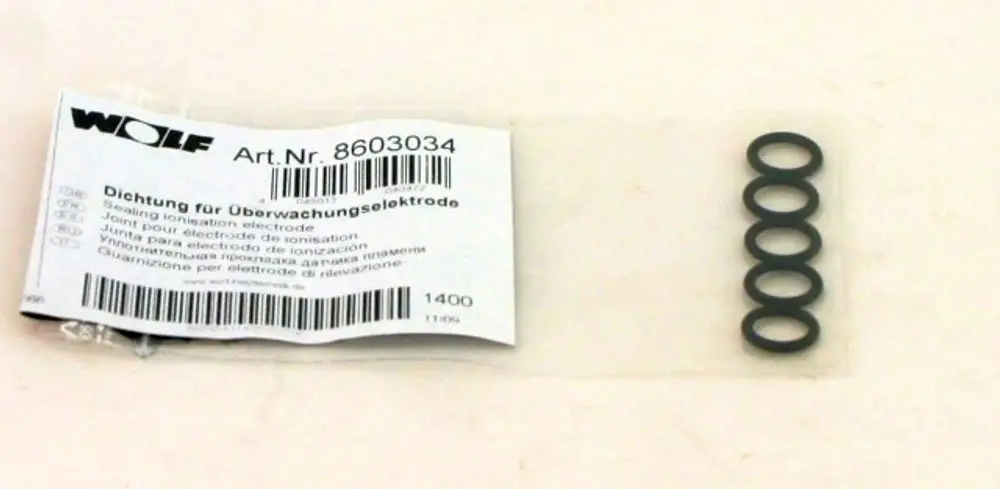 Schwarze Dichtungen in Form von O-Ringen auf transparentem Träger, verpackt mit einem Etikett der Marke Wolf für eine Überwachungselektrode.